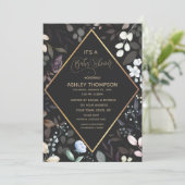 黒と金ゴールドの水色フローラベビーシャワー 招待状 (スタンド正面)