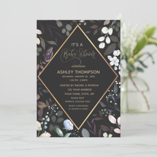 黒と金ゴールドの水色フローラベビーシャワー 招待状 (スタンド正面)
