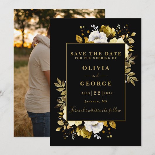 黒と金ゴールドの水色フローラ写真結婚 セーブザデート (正面/裏面)