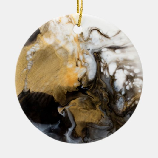 黒と金ゴールドの流体の大理石アート セラミックオーナメント (正面)
