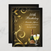 黒と金ゴールドの渦巻きカスタム、第50回の誕生日パーティー 招待状 (正面/裏面)