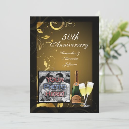 黒と金ゴールドの渦巻き写真50周年記念パーティー 招待状 (スタンド正面)