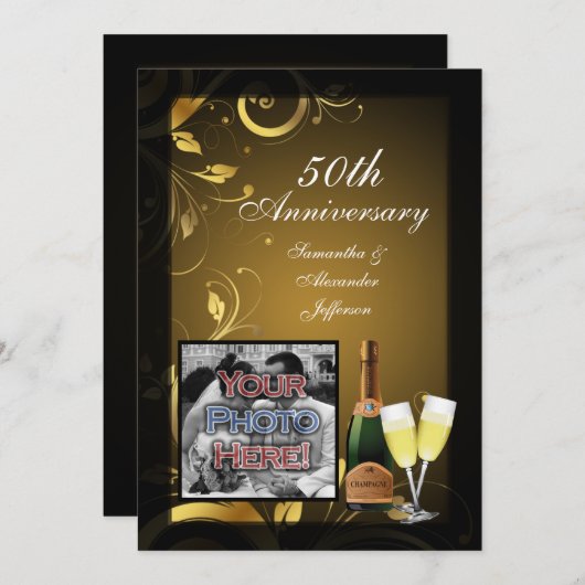 黒と金ゴールドの渦巻き写真50周年記念パーティー 招待状 (正面/裏面)
