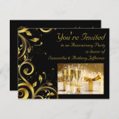 黒と金ゴールドの渦巻き旋回、カスタム記念日パーティー 招待状 (正面/裏面)