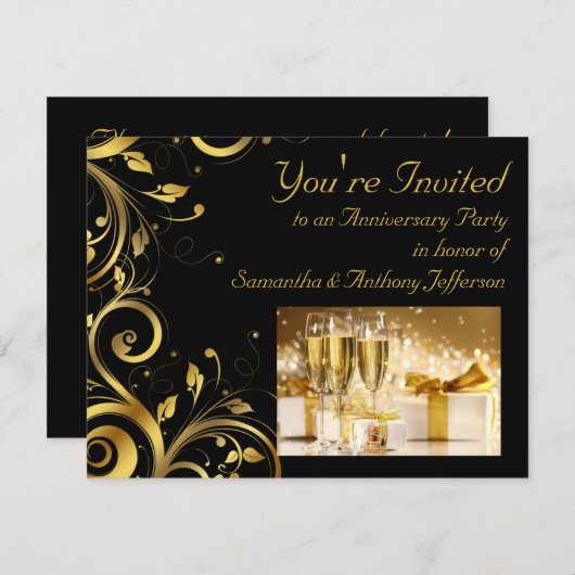 黒と金ゴールドの渦巻き旋回、カスタム記念日パーティー 招待状 (正面/裏面)