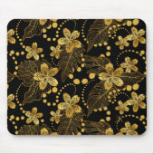 黒と金ゴールドの熱帯の花と葉のパターン マウスパッド (正面)