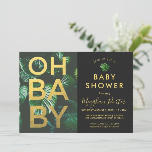 黒と金ゴールドの熱帯ベビーシャワー 招待状 (スタンド正面)