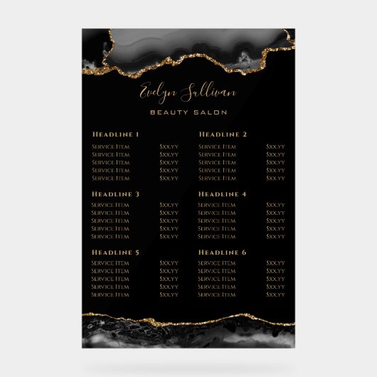 黒と金ゴールドの瑪瑙の価格表アクリルの記号 アクリルサイン (正面)