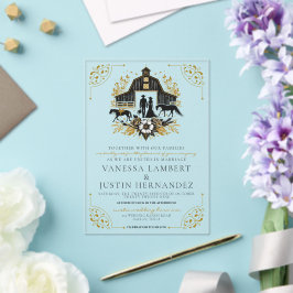 黒と金ゴールドの田舎結婚式 アクリル招待状