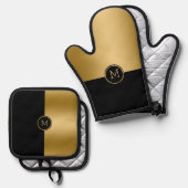 黒と金ゴールドの画面分割の幾何学的デザイン 鍋つかみ&鍋敷きセット (正面/裏面)