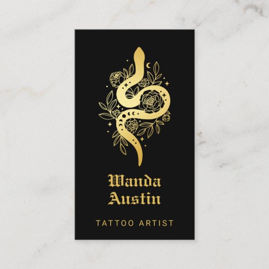 黒と金ゴールドの神秘的なスネークタトゥーアーティスト 名刺 (正面)