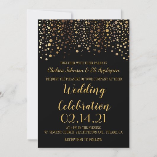 黒と金ゴールドの紙吹雪ドット 招待状 (正面)