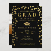 黒と金ゴールドの紙吹雪写真卒業パーティー 招待状 (正面/裏面)