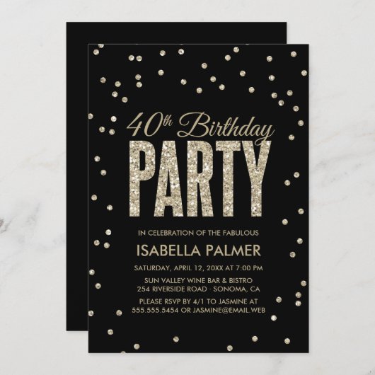 黒と金ゴールドの紙吹雪40th誕生日パーティー 招待状 (正面/裏面)