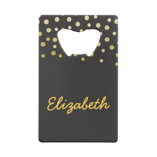 黒と金ゴールドの紙吹雪 クレジットカード栓抜き (正面)