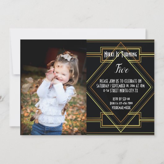黒と金ゴールドの素晴らしギャツビー写真の誕生日パーティー 招待状 (正面)