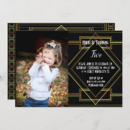 黒と金ゴールドの素晴らしギャツビー写真の誕生日パーティー 招待状