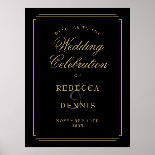 黒と金ゴールドの結婚アールデコの歓迎サイン ポスター (正面)