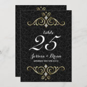 黒と金ゴールドの結婚オーナメントのテーブル番号 招待状 (正面/裏面)