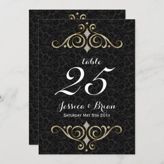 黒と金ゴールドの結婚オーナメントのテーブル番号 招待状 (正面/裏面)