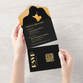 黒と金ゴールドの結婚リングや輪 オールインワン招待状 (貼ってはがせる)