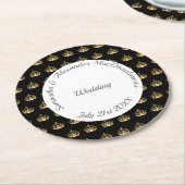 黒と金ゴールドの結婚王冠 ラウンドペーパーコースター (アングル)