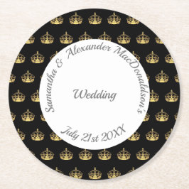黒と金ゴールドの結婚王冠 ラウンドペーパーコースター
