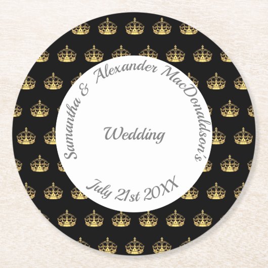 黒と金ゴールドの結婚王冠 ラウンドペーパーコースター (正面)