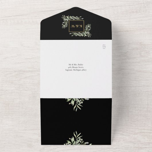 黒と金ゴールドの緑のフローラQRコード結婚s オールインワン招待状 (外側)