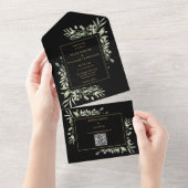 黒と金ゴールドの緑のフローラQRコード結婚s オールインワン招待状 (貼ってはがせる)