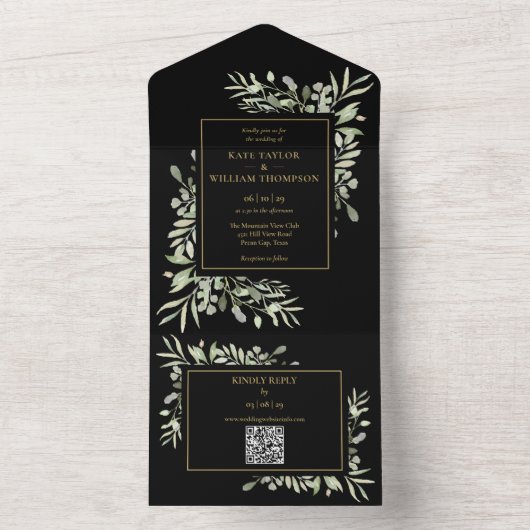黒と金ゴールドの緑のフローラQRコード結婚s オールインワン招待状 (内側)