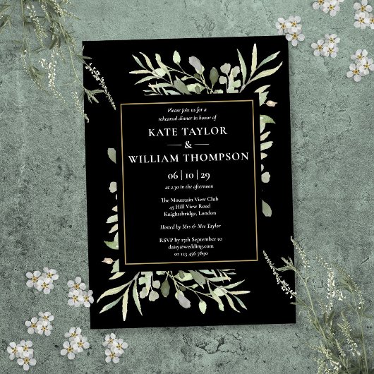 黒と金ゴールドの緑のリハーサルディナー 招待状
