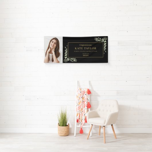 黒と金ゴールドの緑の卒業写真おめでとう 横断幕 (インサイチュ)