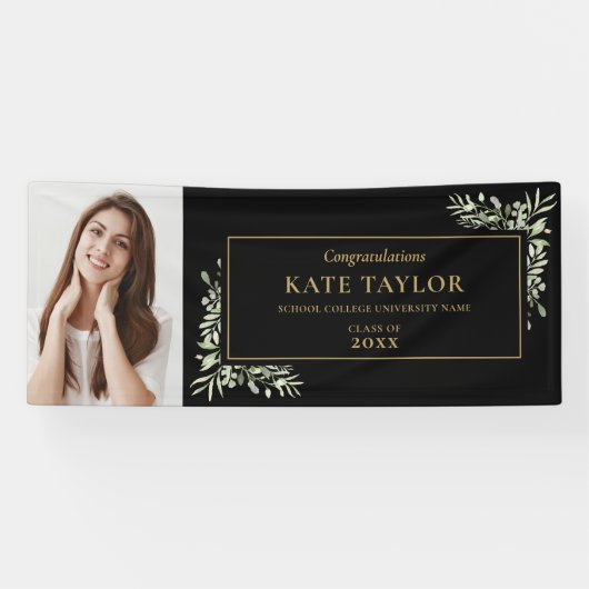 黒と金ゴールドの緑の卒業写真おめでとう 横断幕 (横)