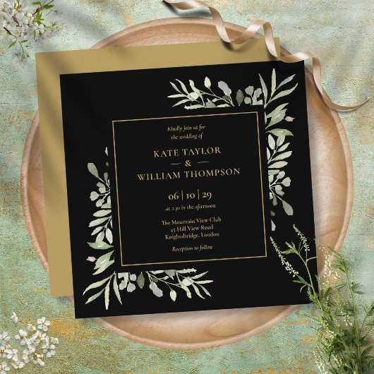 黒と金ゴールドの緑の結婚植物 招待状
