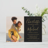 黒と金ゴールドの署名スクリプトの結婚写真 招待状 (スタンド正面)