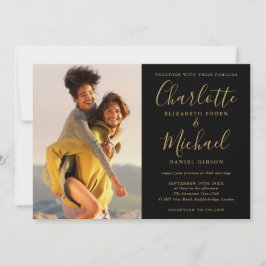 黒と金ゴールドの署名スクリプトの結婚写真 招待状