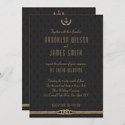 黒と金ゴールドの航海の結婚式招待状 招待状 (正面/裏面)
