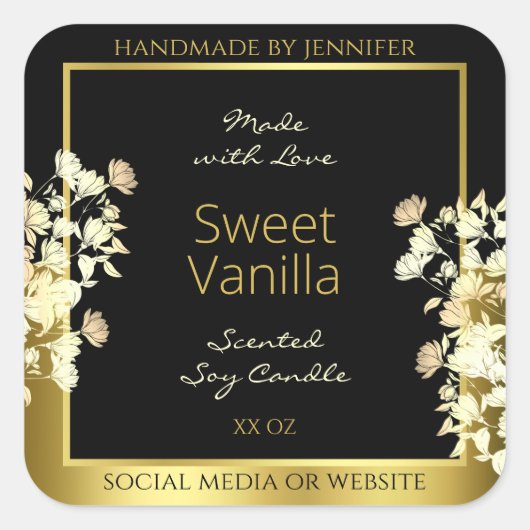 黒と金ゴールドの花の製品包装ラベル スクエアシール (正面)