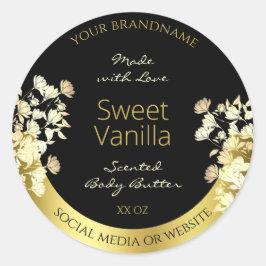 黒と金ゴールドの花の製品包装ラベル ラウンドシール