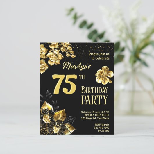 黒と金ゴールドの花の誕生日の予算招待状 (スタンド正面)