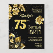 黒と金ゴールドの花の誕生日の予算招待状 (正面)