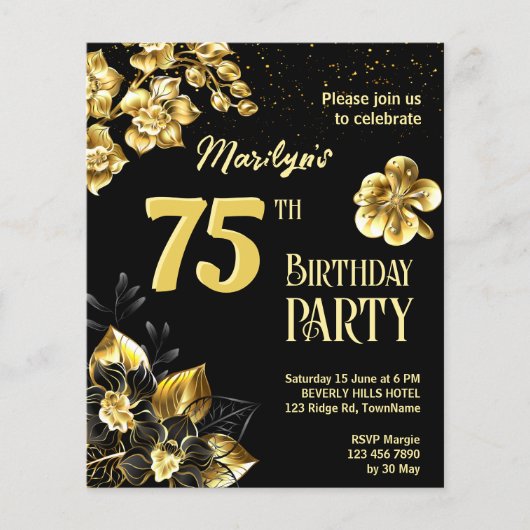 黒と金ゴールドの花の誕生日の予算招待状 (正面)