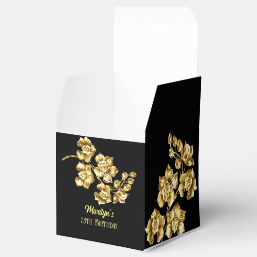黒と金ゴールドの花の誕生日パパーソナライズされたーティ フェイバーボックス (オープン)