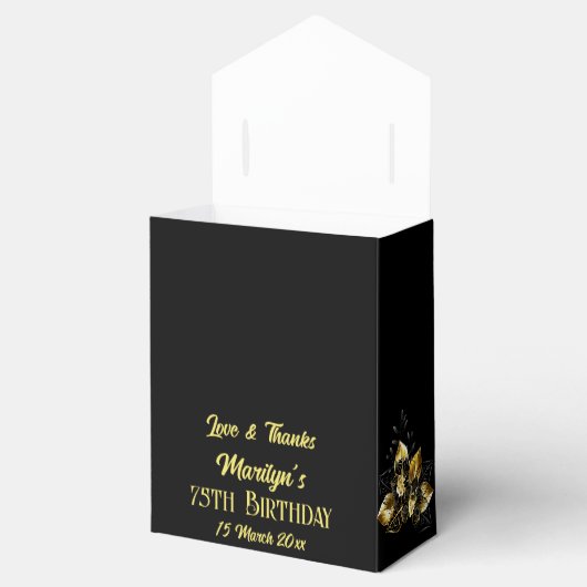 黒と金ゴールドの花の誕生日パパーソナライズされたーティ フェイバーボックス (オープン)