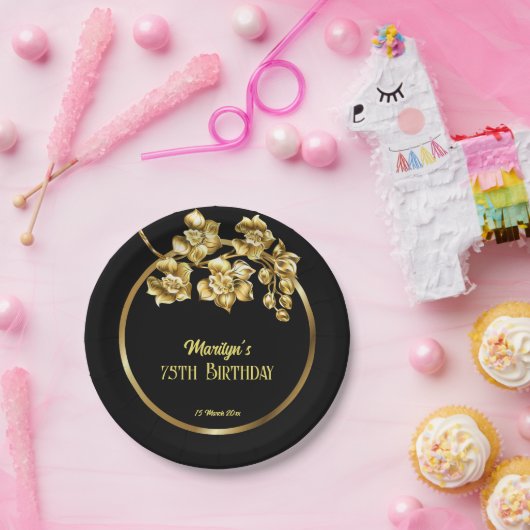 黒と金ゴールドの花の誕生日パパーソナライズされたーティ ペーパープレート (パーティー)