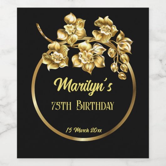黒と金ゴールドの花の誕生日パパーソナライズされたーティ ワインラベル (シングルラベル)