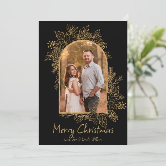 黒と金ゴールドの葉アーチクリスマスカード シーズンカード (スタンド正面)