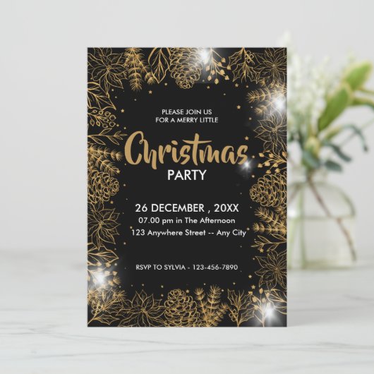 黒と金ゴールドの葉メリークリスマスパーティー 招待状 (スタンド正面)