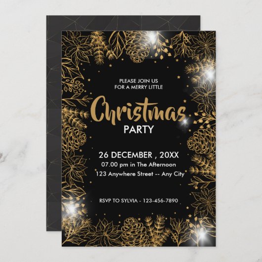 黒と金ゴールドの葉メリークリスマスパーティー 招待状 (正面/裏面)